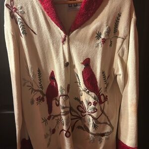 Chic Embroidered Cardigan - Cream and Red
